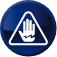 white palm of hand icon inside a triangle in a dark blue circle