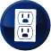 white electric sockets icon inside a triangle in a dark blue circle