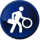 white icon of electrician walking with tools inside a triangle in a dark blue circle